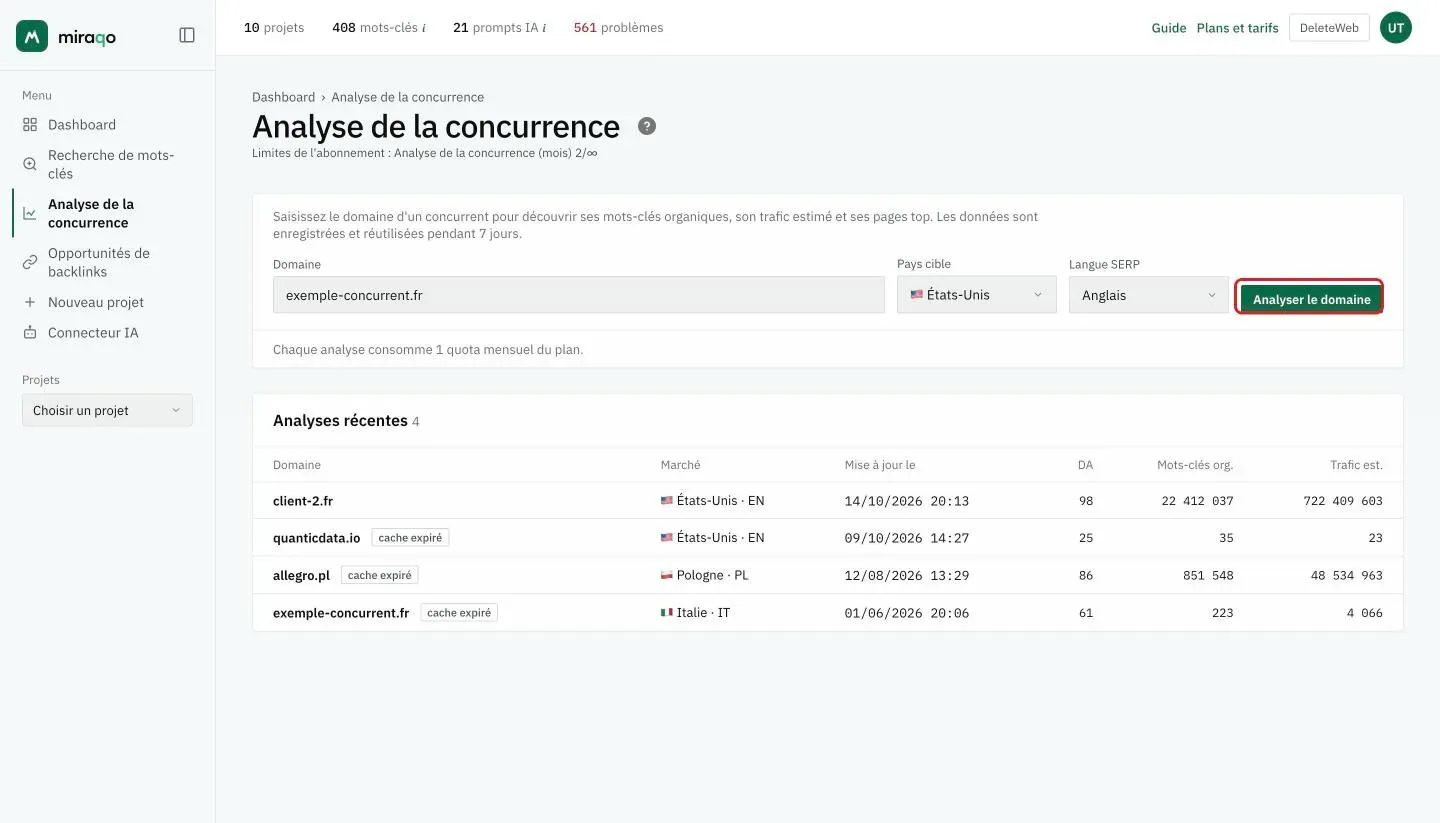 La page Analyse de la concurrence : le champ Domaine rempli, Pays cible, Langue SERP et le bouton Analyser le domaine mis en valeur ; dessous, la carte Analyses récentes avec le domaine, le marché, la date de mise à jour, le DA, les mots-clés organiques et le trafic estimé par ligne