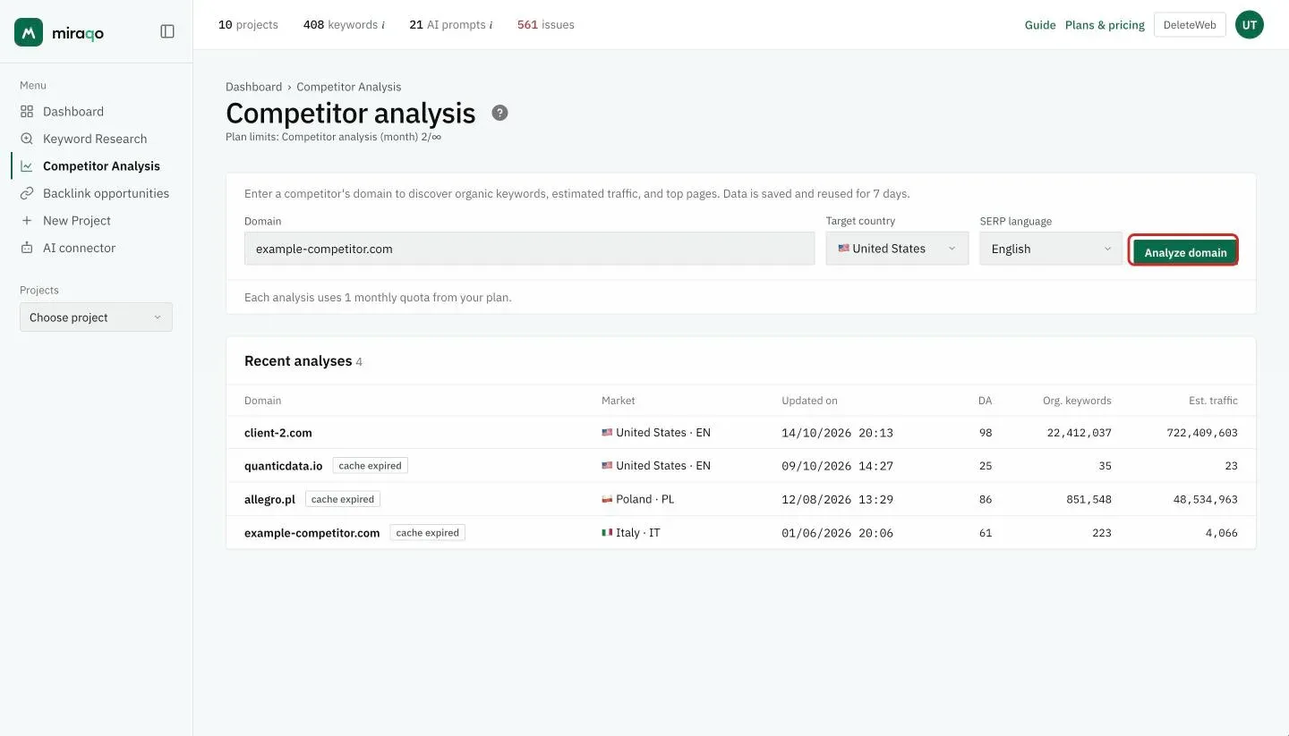 The Competitor analysis page: the Domain field filled in, Target country, SERP language and the highlighted Analyze domain button; below, the Recent analyses card with domain, market, update date, DA, organic keywords and estimated traffic per row