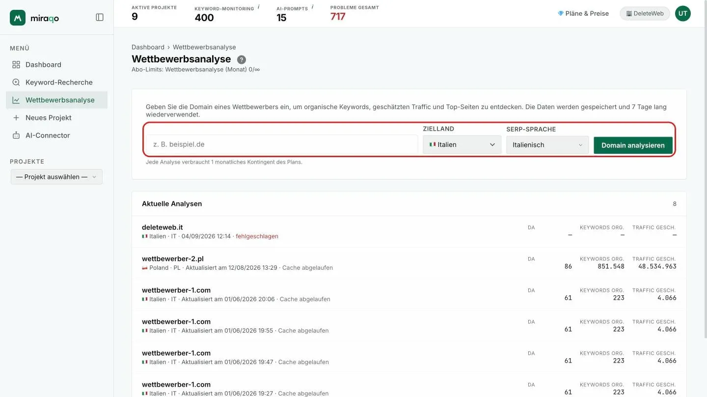 Die Seite Wettbewerbsanalyse: Feld für die Domain, Zielland, SERP-Sprache und der hervorgehobene Button Domain analysieren; darunter die Liste Letzte Analysen mit DA, organischen Keywords und geschätztem Traffic pro Zeile