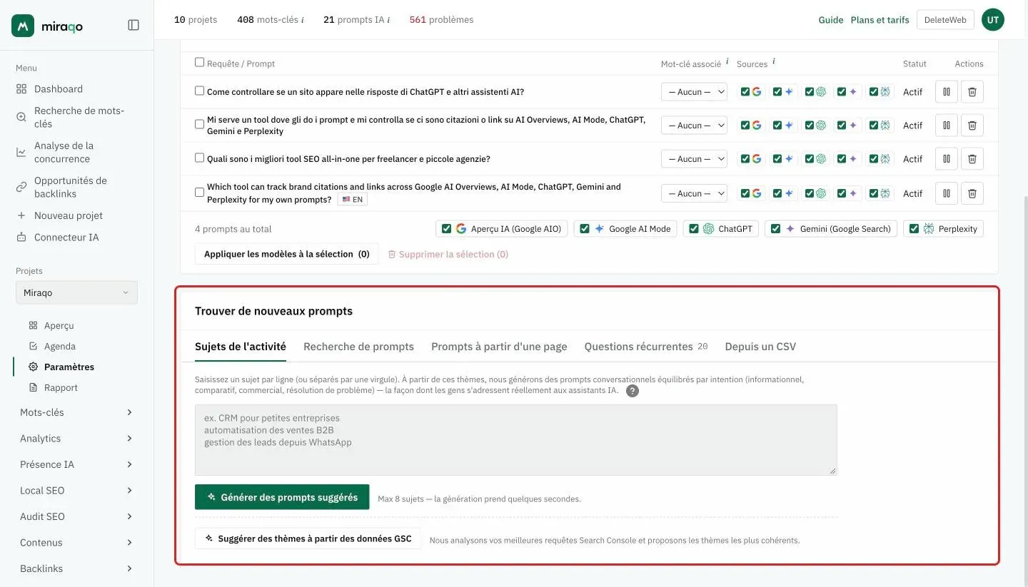 La carte Trouver de nouveaux prompts mise en valeur, onglet Sujets de l’activité ouvert : la zone de texte avec un sujet par ligne et le bouton Générer des prompts suggérés