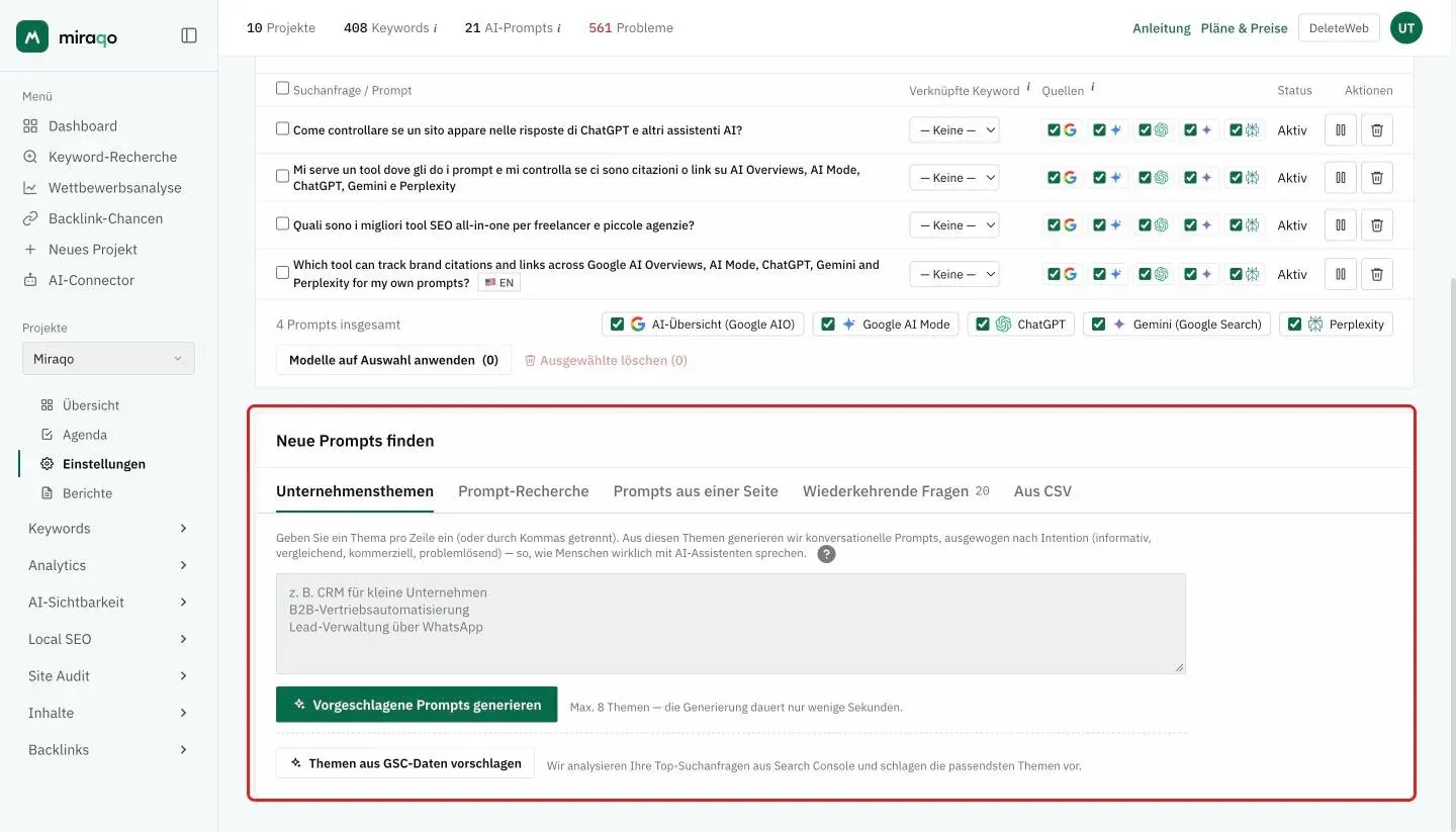 Die hervorgehobene Karte Neue Prompts finden, Tab Unternehmensthemen geöffnet: das Textfeld mit einem Thema pro Zeile und der Button Vorgeschlagene Prompts generieren