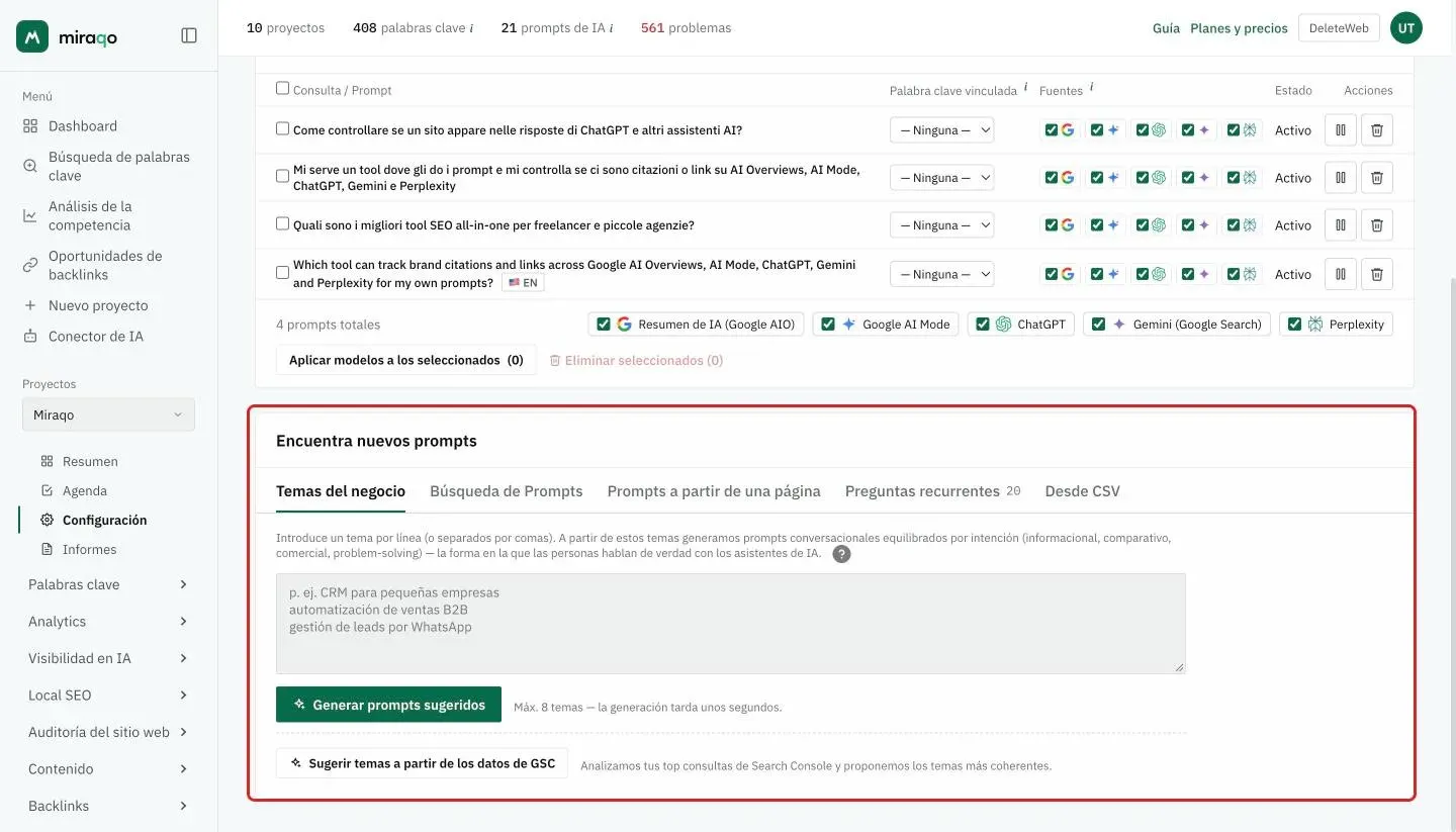 La tarjeta Encuentra nuevos prompts resaltada, pestaña Temas del negocio abierta: el área de texto con un tema por línea y el botón Generar prompts sugeridos