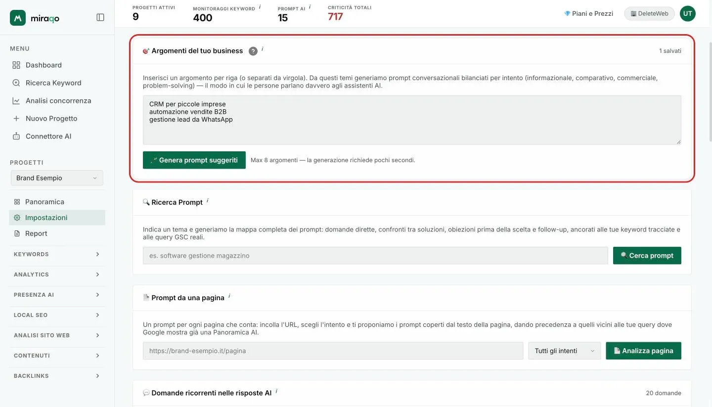 La card Argomenti del tuo business evidenziata: la textarea con tre argomenti, uno per riga, il conteggio dei salvati in alto a destra e il pulsante Genera prompt suggeriti