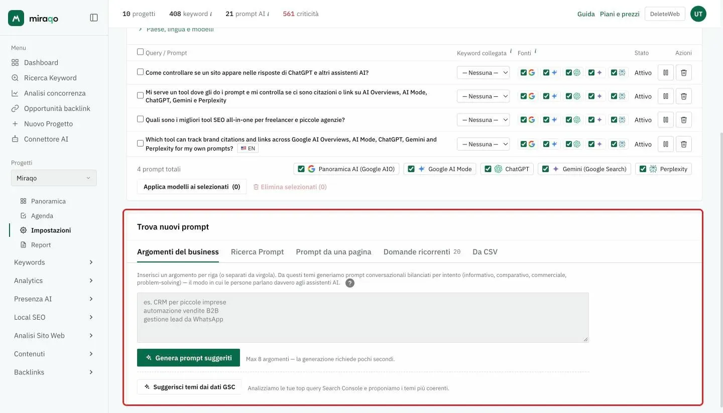La card Trova nuovi prompt evidenziata, scheda Argomenti del business aperta: la textarea con un argomento per riga e il pulsante Genera prompt suggeriti