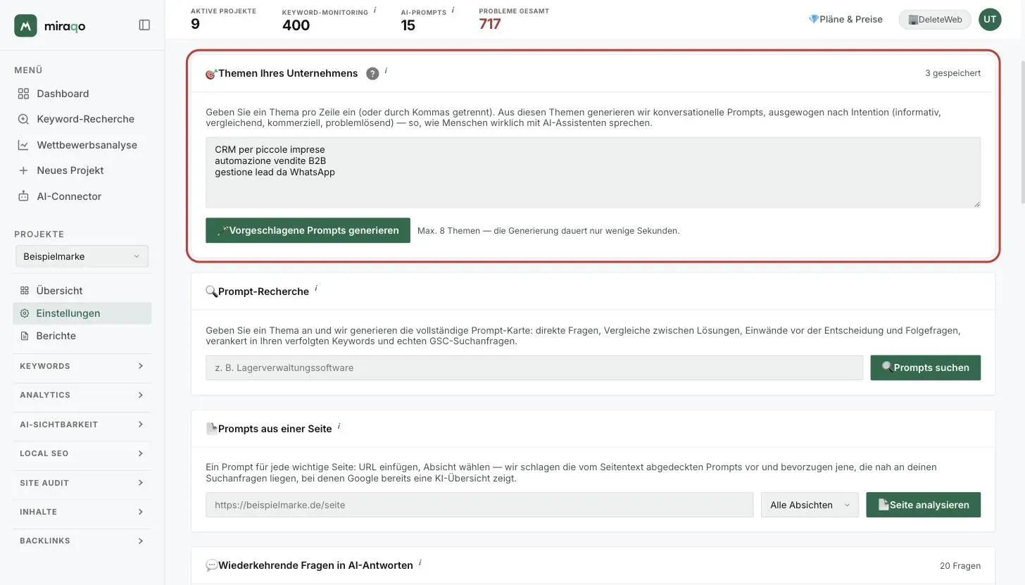 Die hervorgehobene Karte Deine Business-Themen: die Textarea mit drei Themen, eines pro Zeile, der Zähler der gespeicherten Themen oben rechts und der Button Vorgeschlagene Prompts generieren
