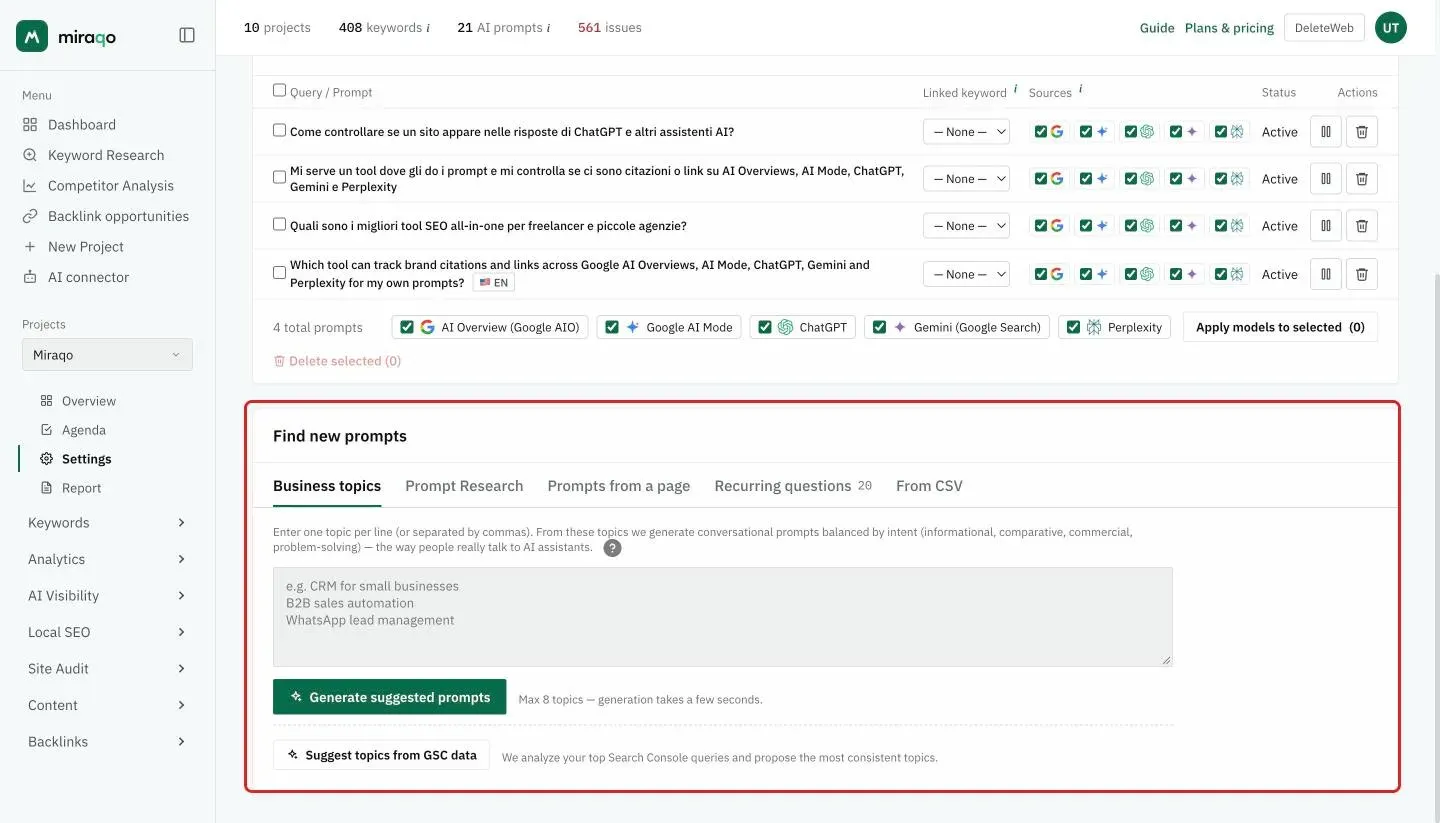 The Find new prompts card, highlighted, with the Business topics tab open: the textarea with one topic per line and the Generate suggested prompts button