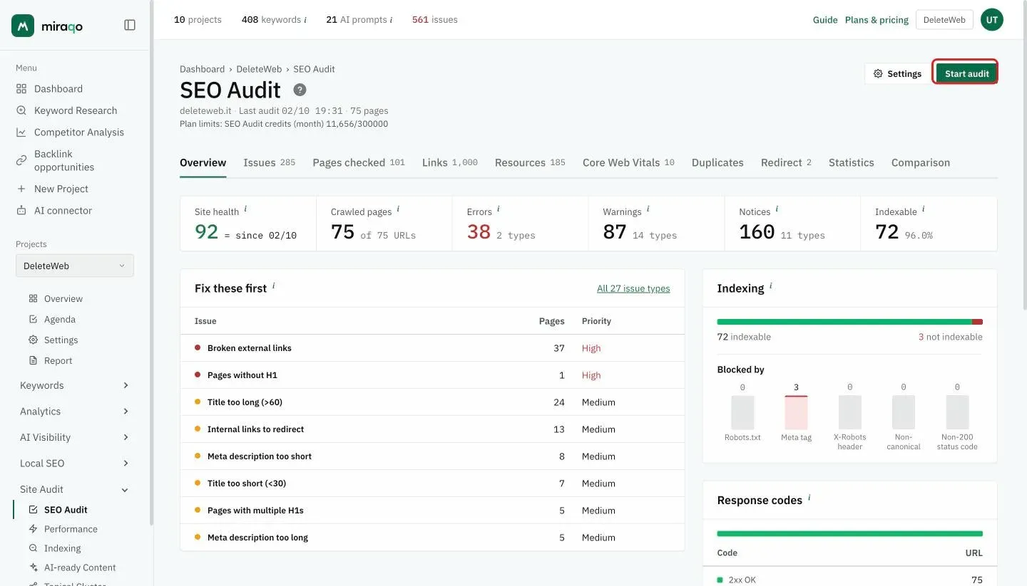 The project’s SEO Audit page with the Start audit button highlighted in the top right, next to Settings; below, the Site health, Crawled pages, Errors, Warnings, Notices and Indexable figures, then Fix these first and Indexing