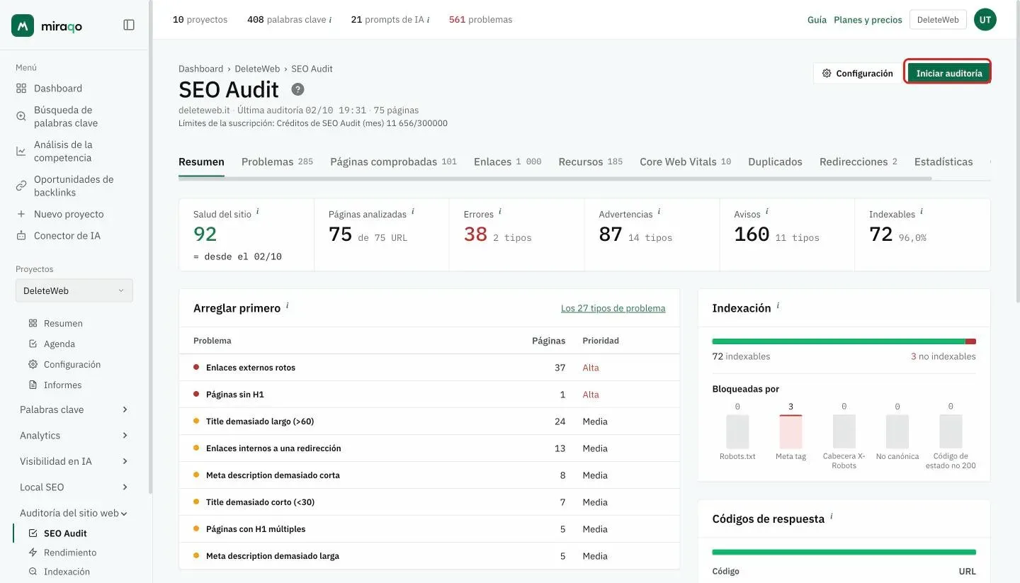 La página SEO Audit de un proyecto con el botón Iniciar auditoría resaltado arriba a la derecha, junto a Configuración; debajo, las cifras Salud del sitio, Páginas rastreadas, Errores, Advertencias, Avisos e Indexables, luego Arreglar primero e Indexación