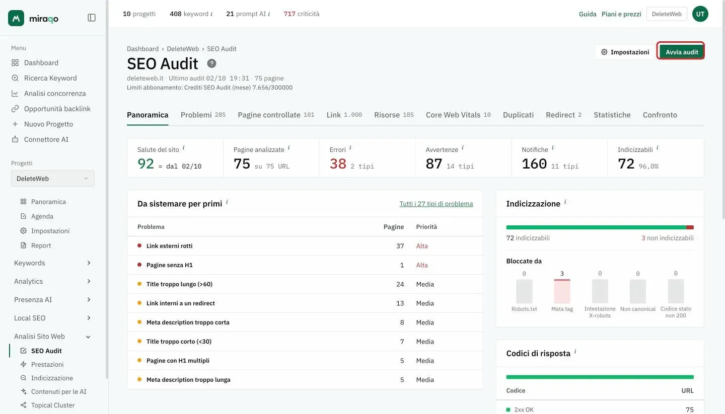 La pagina SEO Audit di un progetto con il pulsante Avvia audit evidenziato in alto a destra, accanto a Impostazioni; sotto, le cifre Salute del sito, Pagine analizzate, Errori, Avvertenze, Notifiche e Indicizzabili, poi Da sistemare per primi e Indicizzazione