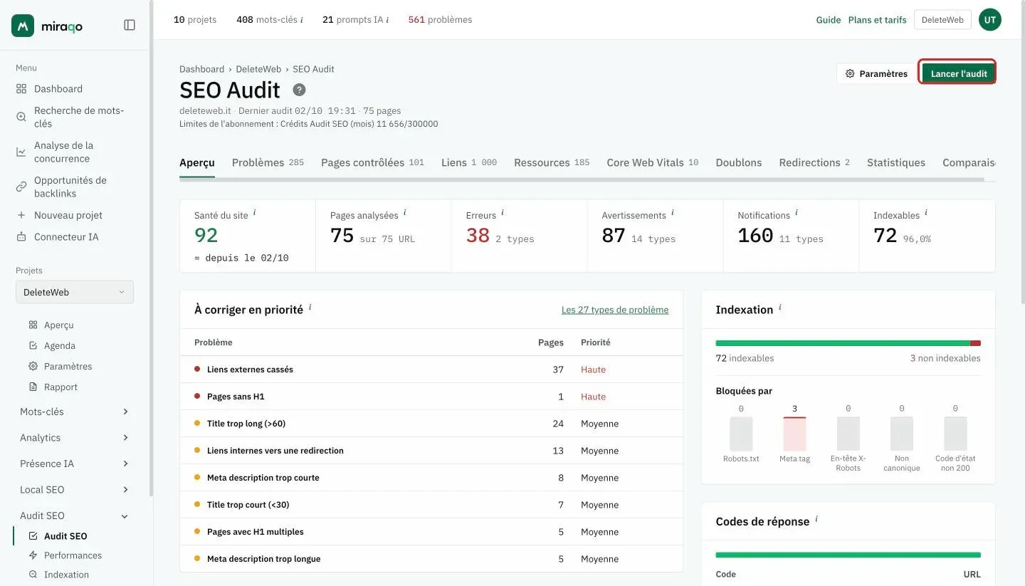 La page Audit SEO d’un projet avec le bouton Lancer l’audit mis en valeur en haut à droite, à côté de Paramètres ; dessous, les chiffres Santé du site, Pages analysées, Erreurs, Avertissements, Notifications et Indexables, puis À corriger en priorité et Indexation