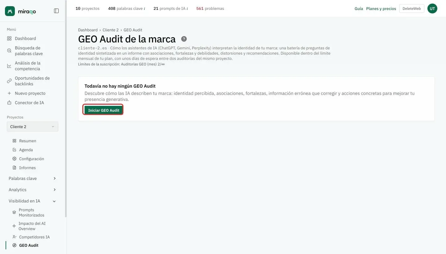 La página Auditoría GEO de marca antes de la primera auditoría: la tarjeta Todavía no hay ningún GEO Audit con la explicación y el botón Iniciar GEO Audit resaltado; debajo del título, el contador de auditorías del mes