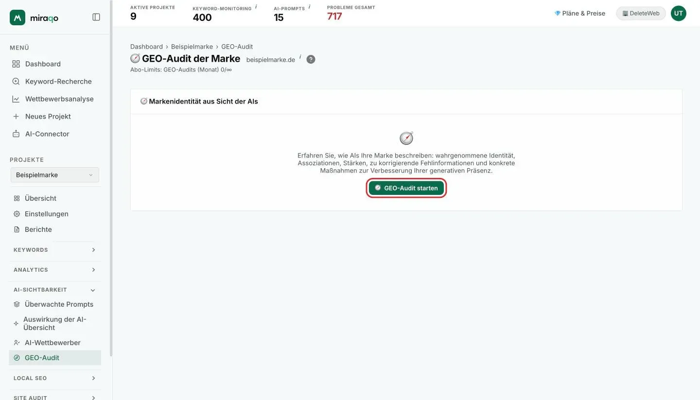 Die Seite GEO-Audit der Marke vor dem ersten Audit: die Karte Identität der Marke aus Sicht der AIs mit der Erklärung und dem hervorgehobenen Button GEO-Audit starten; unter dem Titel der Zähler der Audits des Monats