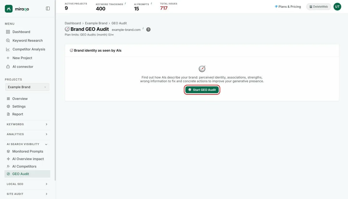 The Brand GEO Audit page before the first audit: the Brand identity as seen by AIs card with the explanation and the highlighted Start GEO Audit button; below the title, the monthly audit counter