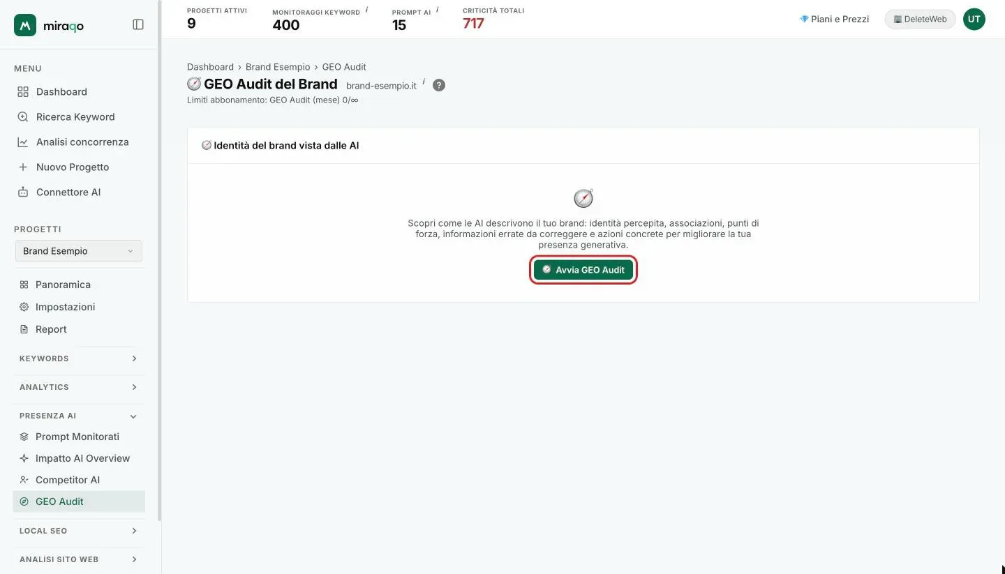 La pagina GEO Audit del Brand prima del primo audit: la card Identità del brand vista dalle AI con la spiegazione e il pulsante Avvia GEO Audit evidenziato; sotto il titolo, il contatore degli audit del mese