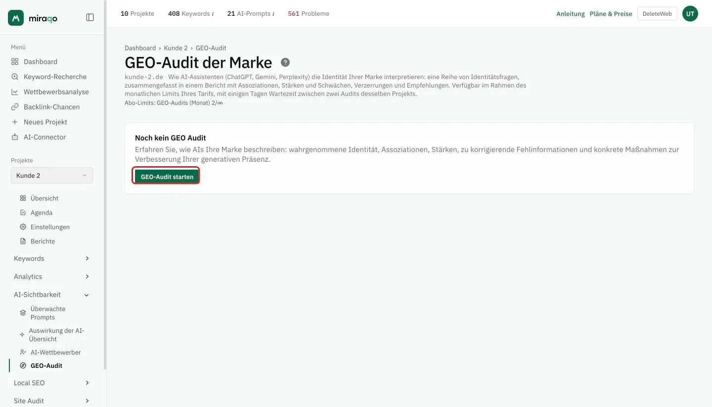 Die Seite GEO-Audit der Marke vor dem ersten Audit: die Karte Noch kein GEO-Audit mit der Erklärung und dem hervorgehobenen Button GEO-Audit starten; unter dem Titel der Zähler der Audits des Monats