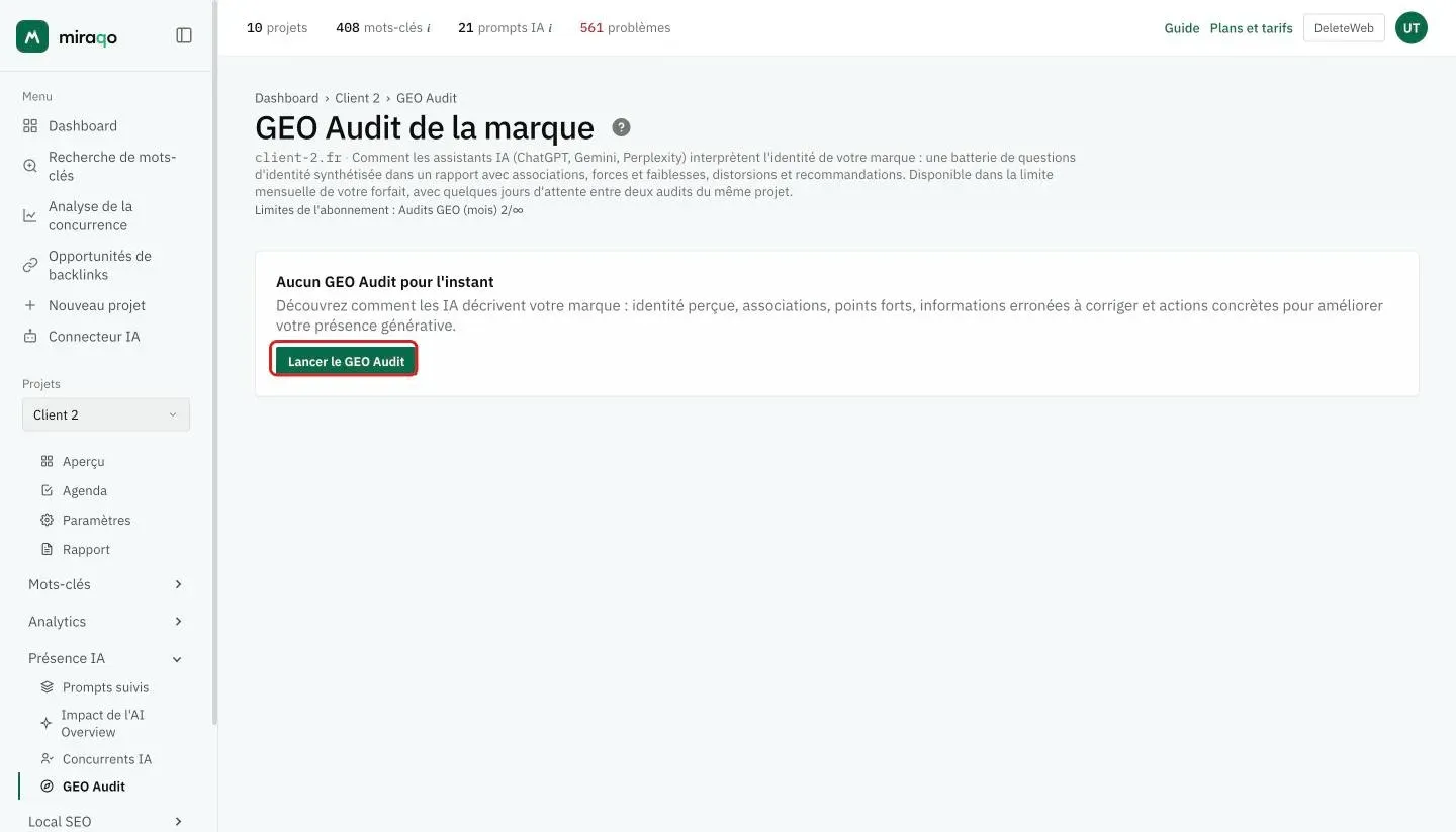 La page GEO Audit de la marque avant le premier audit : la carte Aucun GEO Audit pour l’instant avec l’explication et le bouton Lancer le GEO Audit mis en évidence ; sous le titre, le compteur des audits du mois