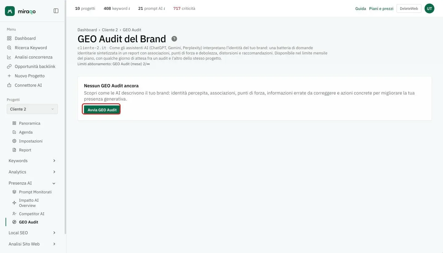 La pagina GEO Audit del Brand prima del primo audit: la card Nessun GEO Audit ancora con la spiegazione e il pulsante Avvia GEO Audit evidenziato; sotto il titolo, il contatore degli audit del mese