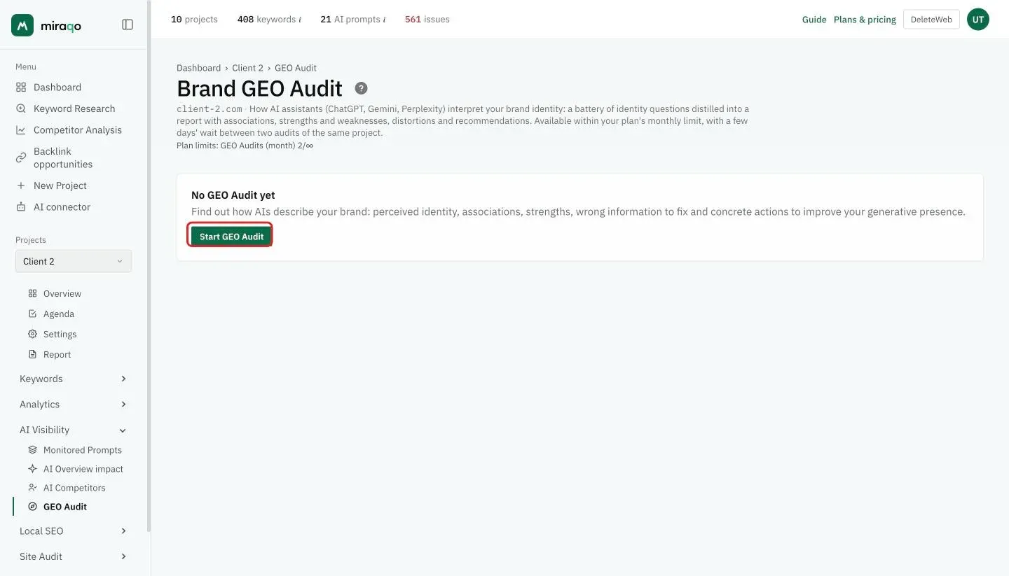 The Brand GEO Audit page before the first audit: the No GEO Audit yet card with the explanation and the highlighted Start GEO Audit button; below the title, the monthly audit counter