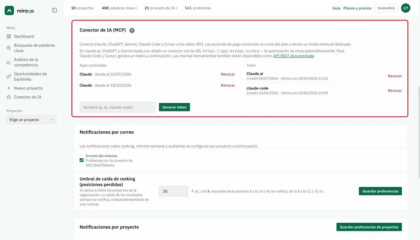 La tarjeta Conector de IA (MCP) en la Configuración de la cuenta, resaltada: la explicación con la dirección del conector y el enlace a la API REST documentada, las Apps conectadas a la izquierda, los Token con el botón Revocar a la derecha y, abajo, el campo para el nombre del token con Generar token