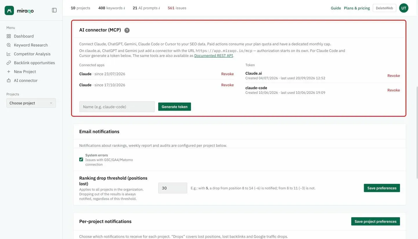 The AI connector (MCP) card in Account settings, highlighted: the explanation with the connector address and the link to the documented REST API, the Connected apps on the left, the Tokens with the Revoke button on the right, and at the bottom the token name field with Generate token
