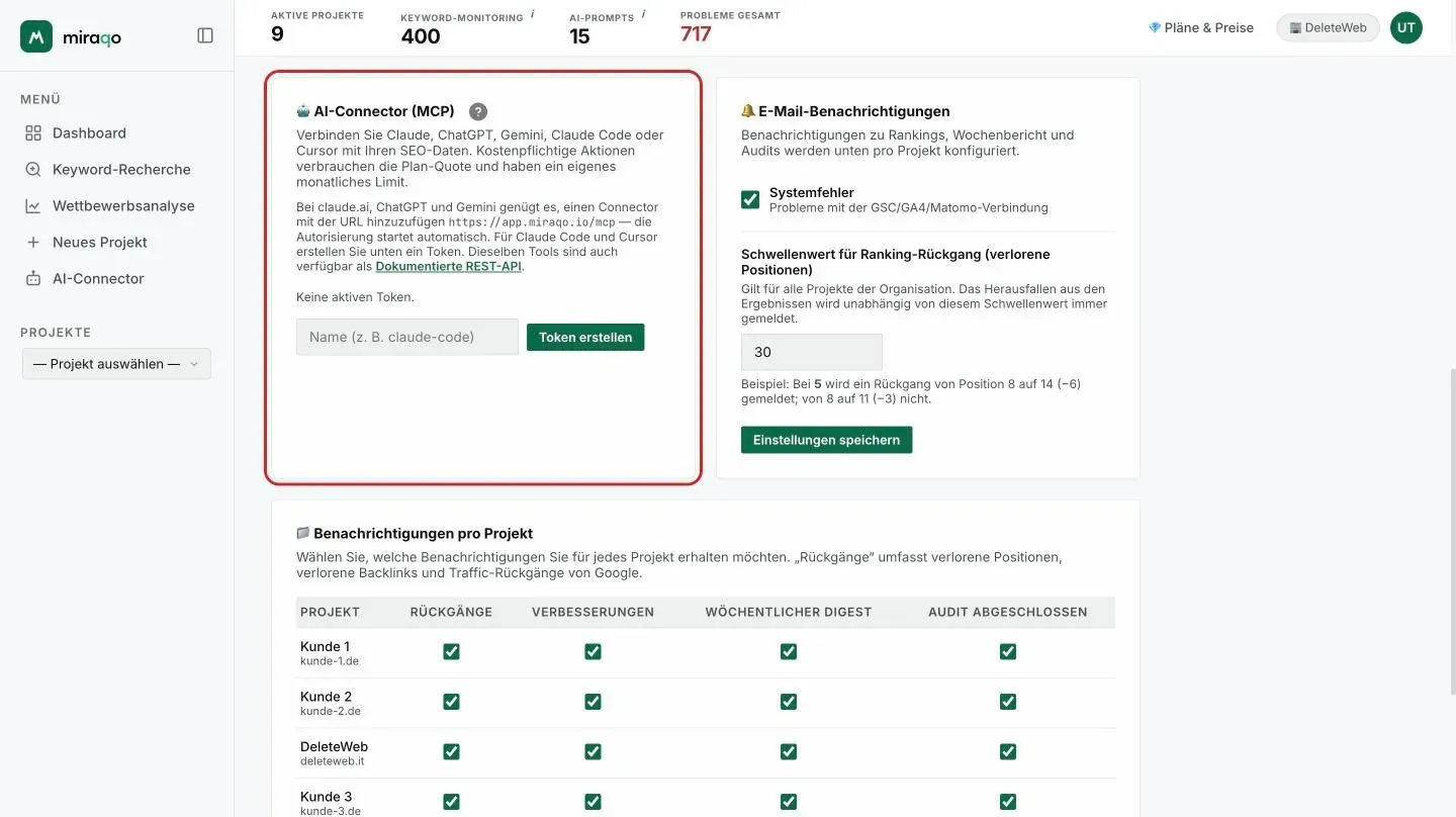 Die Karte AI-Connector (MCP) in den Kontoeinstellungen, über die der Assistent verbunden wird: Adresse des Connectors, Link zur REST-API und Token-Generierung für Claude Code und Cursor