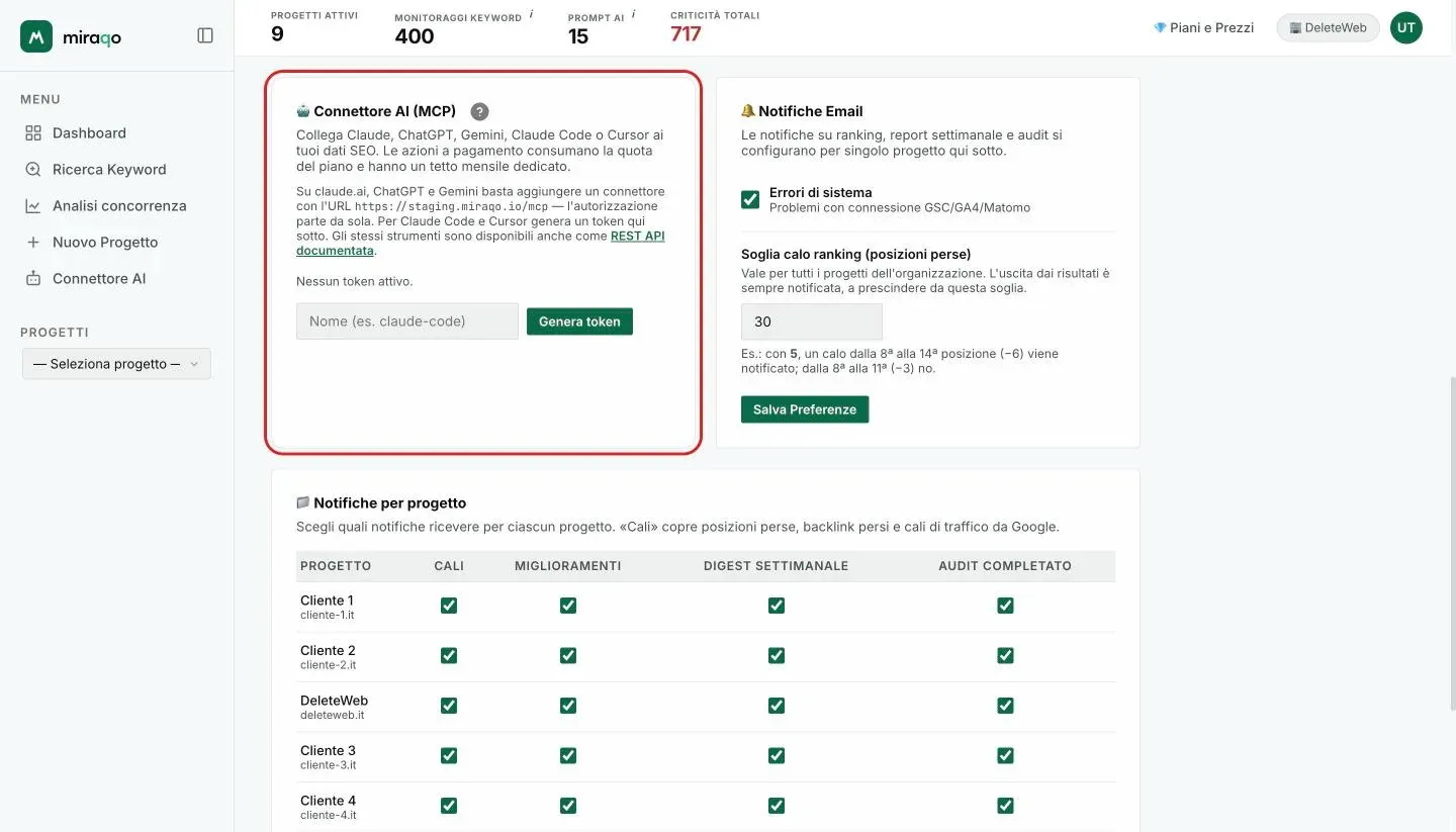 La card Connettore AI (MCP) nelle Impostazioni Account, evidenziata: la spiegazione con l’indirizzo del connettore, il link alla REST API documentata, lo stato Nessun token attivo, il campo per il nome del token e il pulsante Genera token