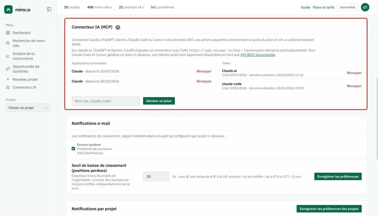 La carte Connecteur IA (MCP) dans les Paramètres du compte, depuis laquelle on connecte l’assistant : l’adresse du connecteur, le lien vers l’API REST, les applications connectées, les jetons et la génération du jeton pour Claude Code et Cursor