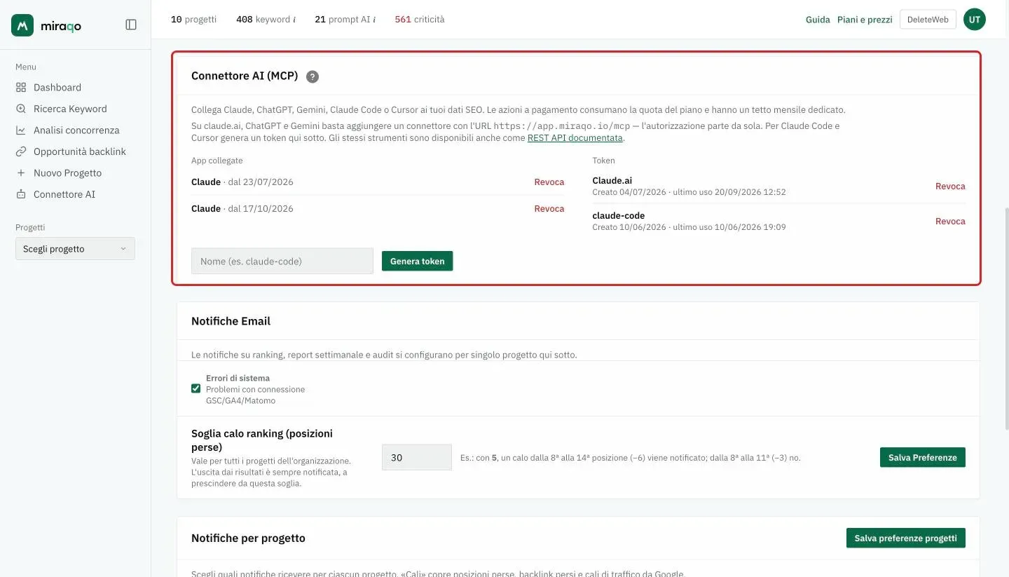 La card Connettore AI (MCP) nelle Impostazioni Account, evidenziata: la spiegazione con l’indirizzo del connettore e il link alla REST API documentata, a sinistra le App collegate, a destra i Token con il pulsante Revoca, e in fondo il campo per il nome del token con Genera token