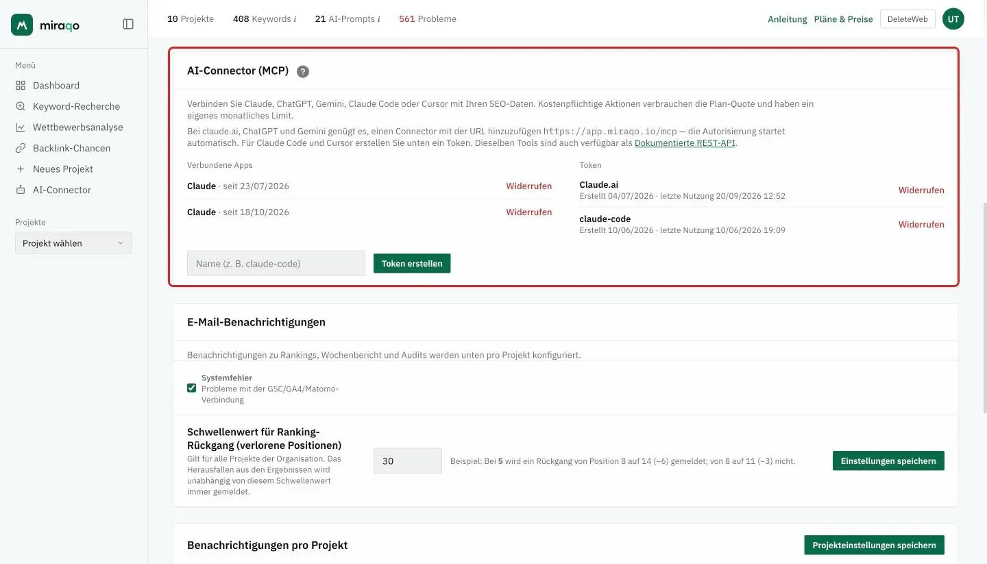 Die Karte AI-Connector (MCP) in den Kontoeinstellungen, über die der Assistent verbunden wird: Adresse des Connectors, Link zur REST-API, verbundene Apps, Token und Token-Erstellung für Claude Code und Cursor