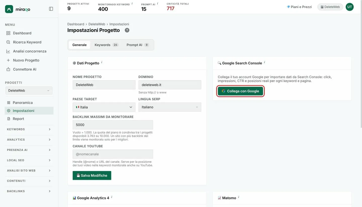 La card Google Search Console in Impostazioni → Generale, prima del collegamento, con il bottone Collega con Google evidenziato