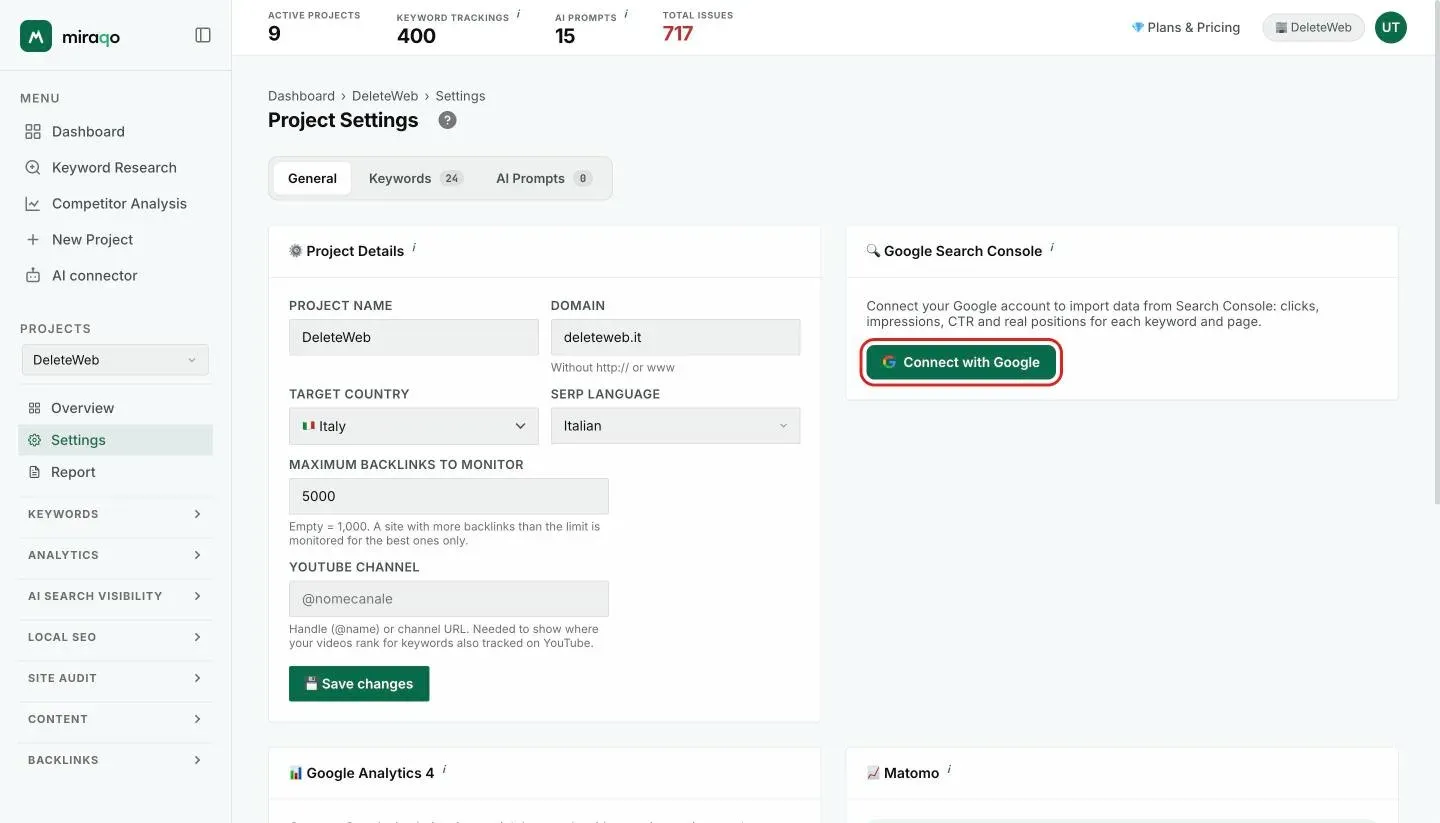 The Google Search Console card in Settings → General, before connecting, with the highlighted Connect with Google button