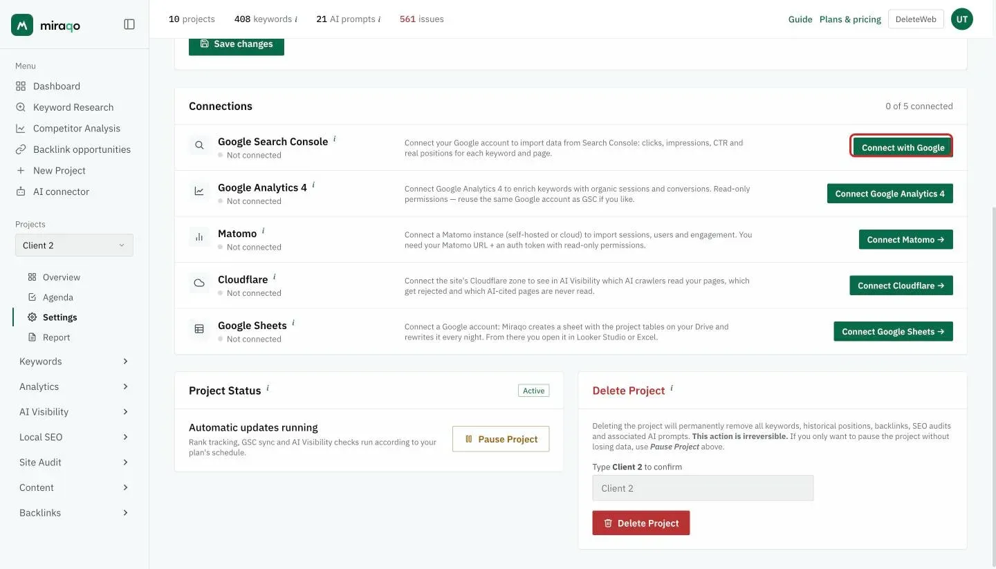 The Connections card in Settings → General of a project without connections: the Google Search Console row not connected, with the highlighted Connect with Google button