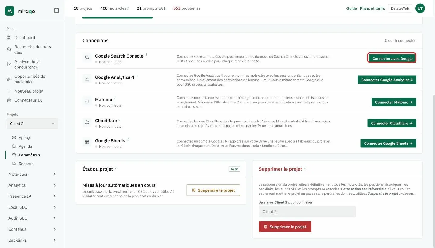 La carte Connexions dans Paramètres → Général d’un projet sans connexions : la ligne Google Search Console non connectée, avec le bouton Se connecter avec Google mis en valeur