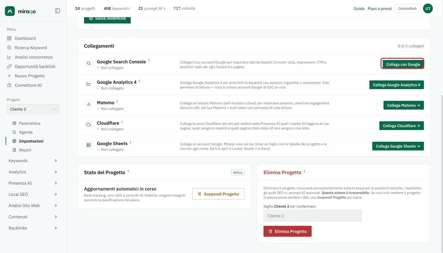 La card Collegamenti in Impostazioni → Generale di un progetto senza collegamenti: la riga Google Search Console non collegata, con il bottone Collega con Google evidenziato