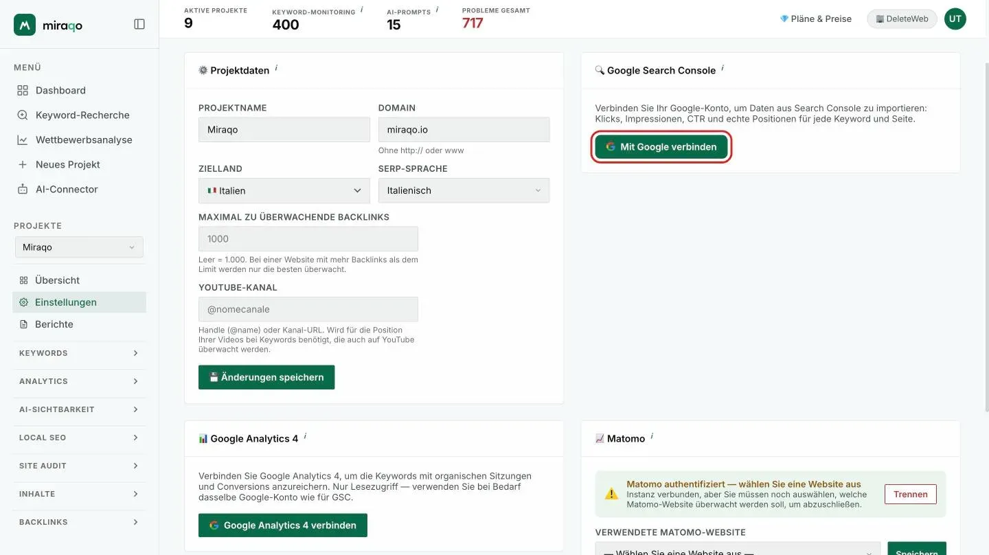 Die Karte Google Search Console in Einstellungen → Allgemein, vor der Verbindung, mit dem hervorgehobenen Button Mit Google verbinden