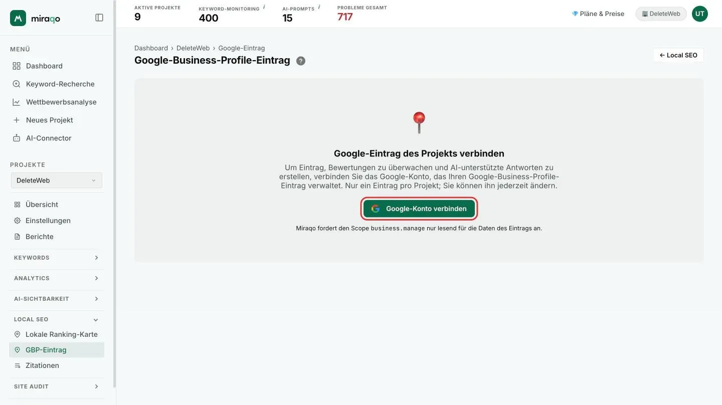 Die Seite GBP-Eintrag vor der Verbindung: der leere Zustand «Verbinde den Google-Eintrag des Projekts» mit dem hervorgehobenen Button Google-Konto verbinden