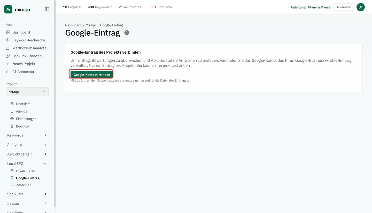 Die Seite GBP-Eintrag vor der Verbindung: der leere Zustand «Verbinde den Google-Eintrag des Projekts» mit dem hervorgehobenen Button Google-Konto verbinden