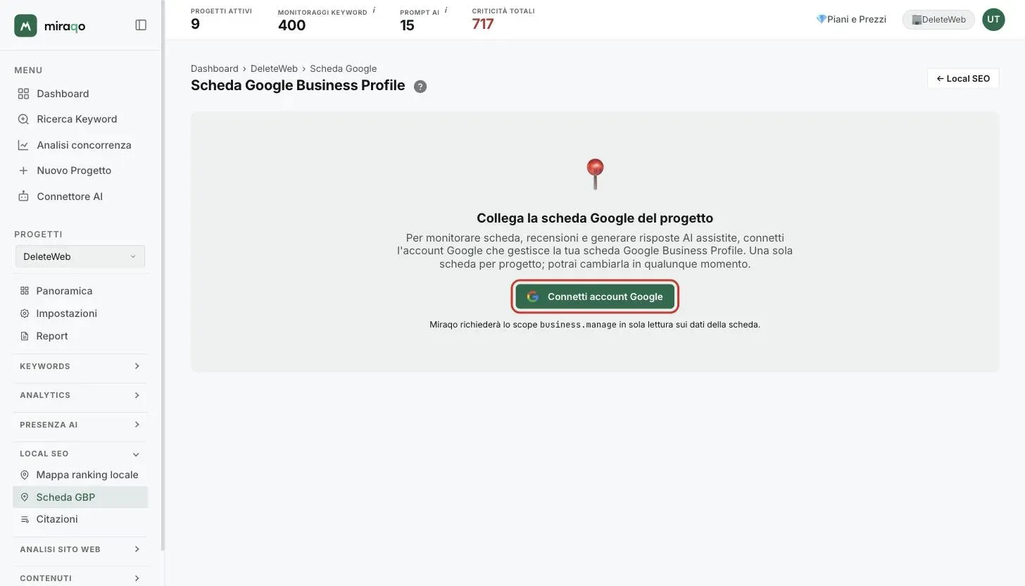 La pagina Scheda Google Business Profile prima del collegamento: empty state «Collega la scheda Google del progetto» con il bottone Connetti account Google evidenziato