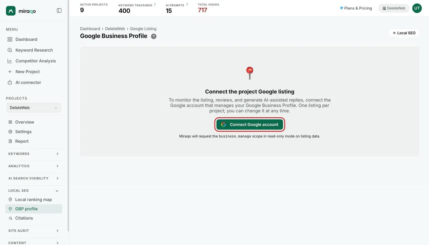 The Google Business Profile page before connecting: the empty state ‘Connect the project’s Google listing’ with the highlighted Connect Google account button