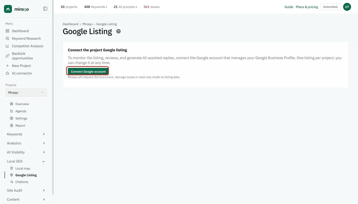 The Google Business Profile page before connecting: the empty state ‘Connect the project Google listing’ with the highlighted Connect Google account button