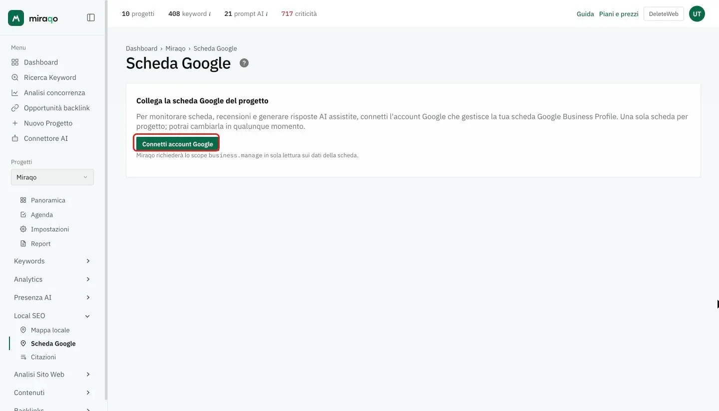 La pagina Scheda Google Business Profile prima del collegamento: empty state «Collega la scheda Google del progetto» con il bottone Connetti account Google evidenziato