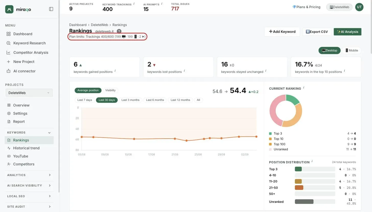 The Positions page with the Subscription limits counter, highlighted, below the title: monitors used out of the plan total and, in parentheses, the breakdown by desktop, mobile and YouTube