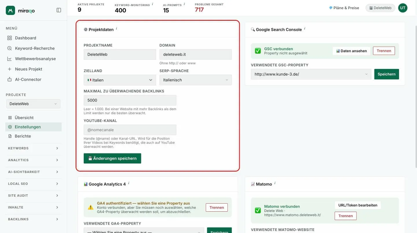 Der Tab Allgemein mit der hervorgehobenen Karte Projektdaten: Projektname, Domain, Zielland, Suchsprache, Maximal zu überwachende Backlinks mit der verbleibenden Quote, YouTube-Kanal und der Button Änderungen speichern; rechts die Karte Google Search Console mit Mit Google verbinden