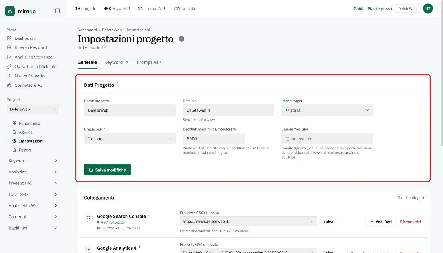 Il tab Generale con la card Dati Progetto evidenziata: Nome progetto, Dominio, Paese target, Lingua SERP, Backlink massimi da monitorare, Canale YouTube e il pulsante Salva modifiche; sotto inizia la card Collegamenti con Google Search Console collegata