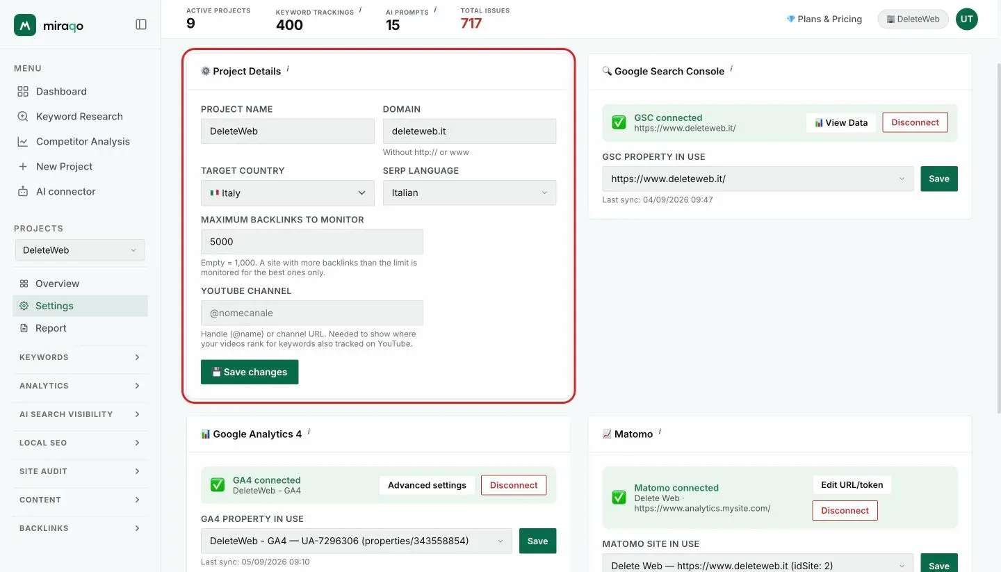 The General tab with the Project Data card, highlighted: Project name, Domain, Target country, Search language, Maximum backlinks to monitor with the remaining quota, YouTube Channel and the Save Changes button; on the right, the Google Search Console card with Connect with Google