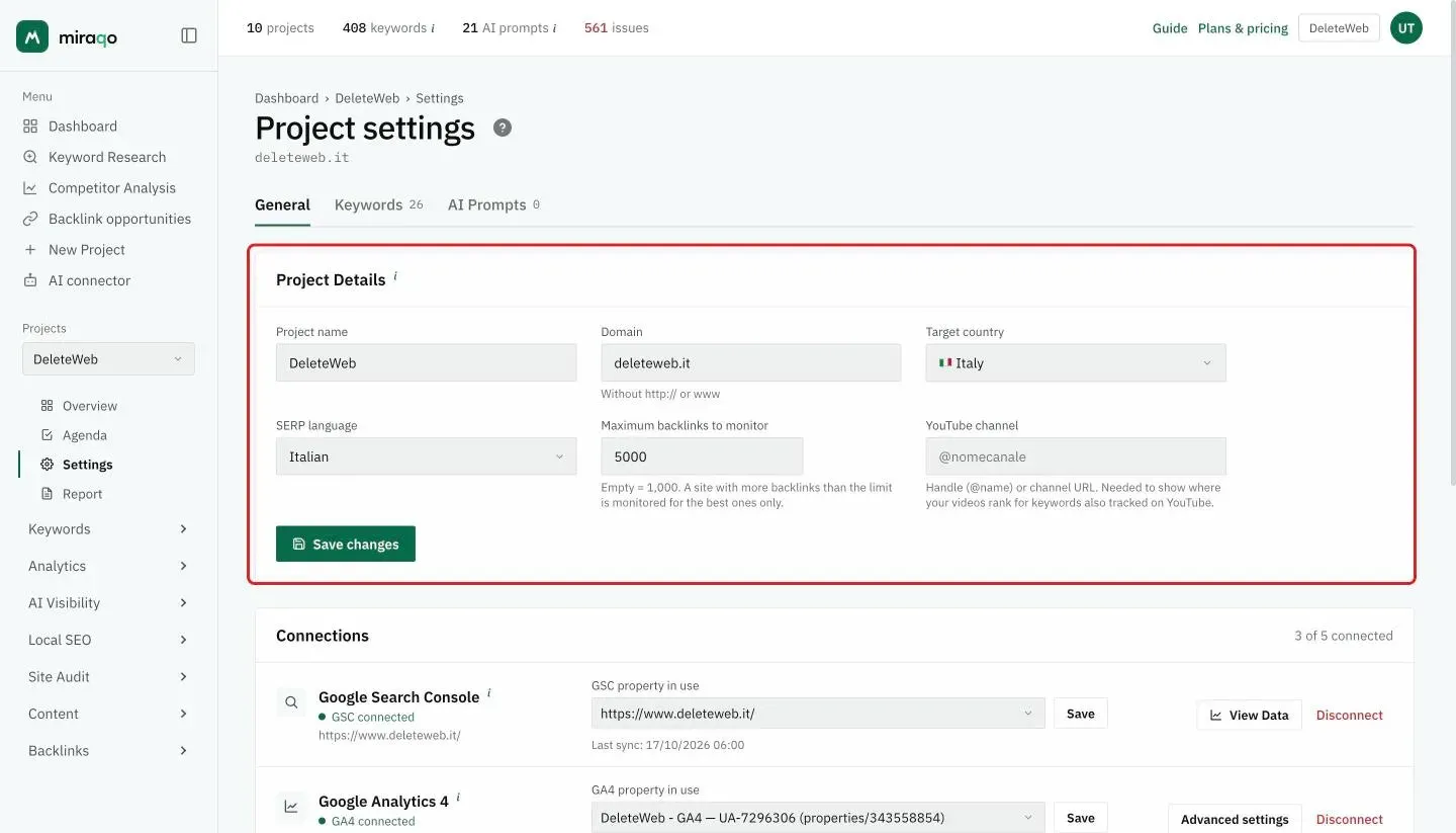 The General tab with the Project data card, highlighted: Project name, Domain, Target country, SERP language, Maximum backlinks to monitor, YouTube channel and the Save changes button; below, the Connections card begins with Google Search Console connected