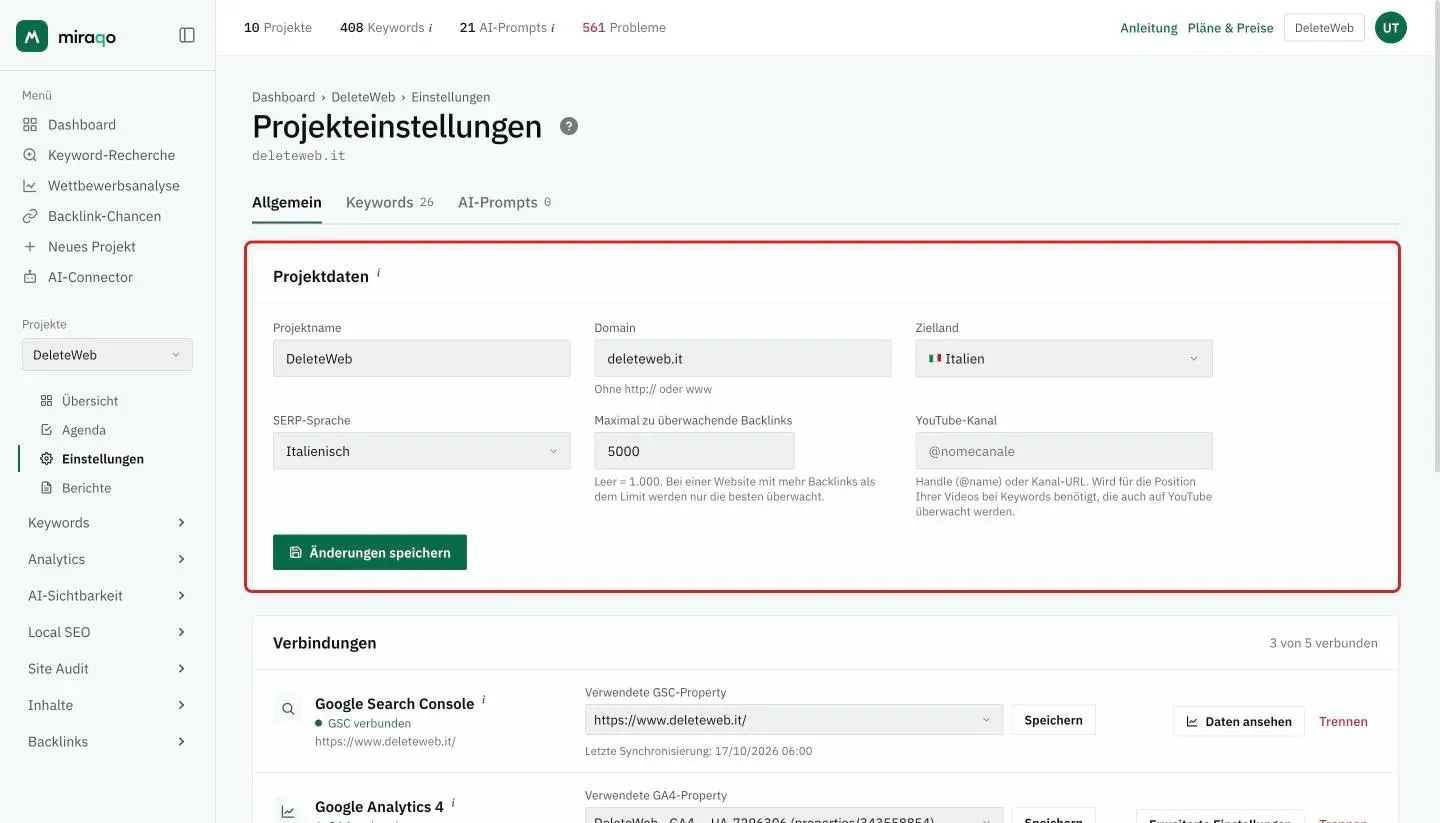 Der Tab Allgemein mit der hervorgehobenen Karte Projektdaten: Projektname, Domain, Zielland, SERP-Sprache, Maximal zu überwachende Backlinks, YouTube-Kanal und der Button Änderungen speichern; darunter beginnt die Karte Verbindungen mit Google Search Console verbunden