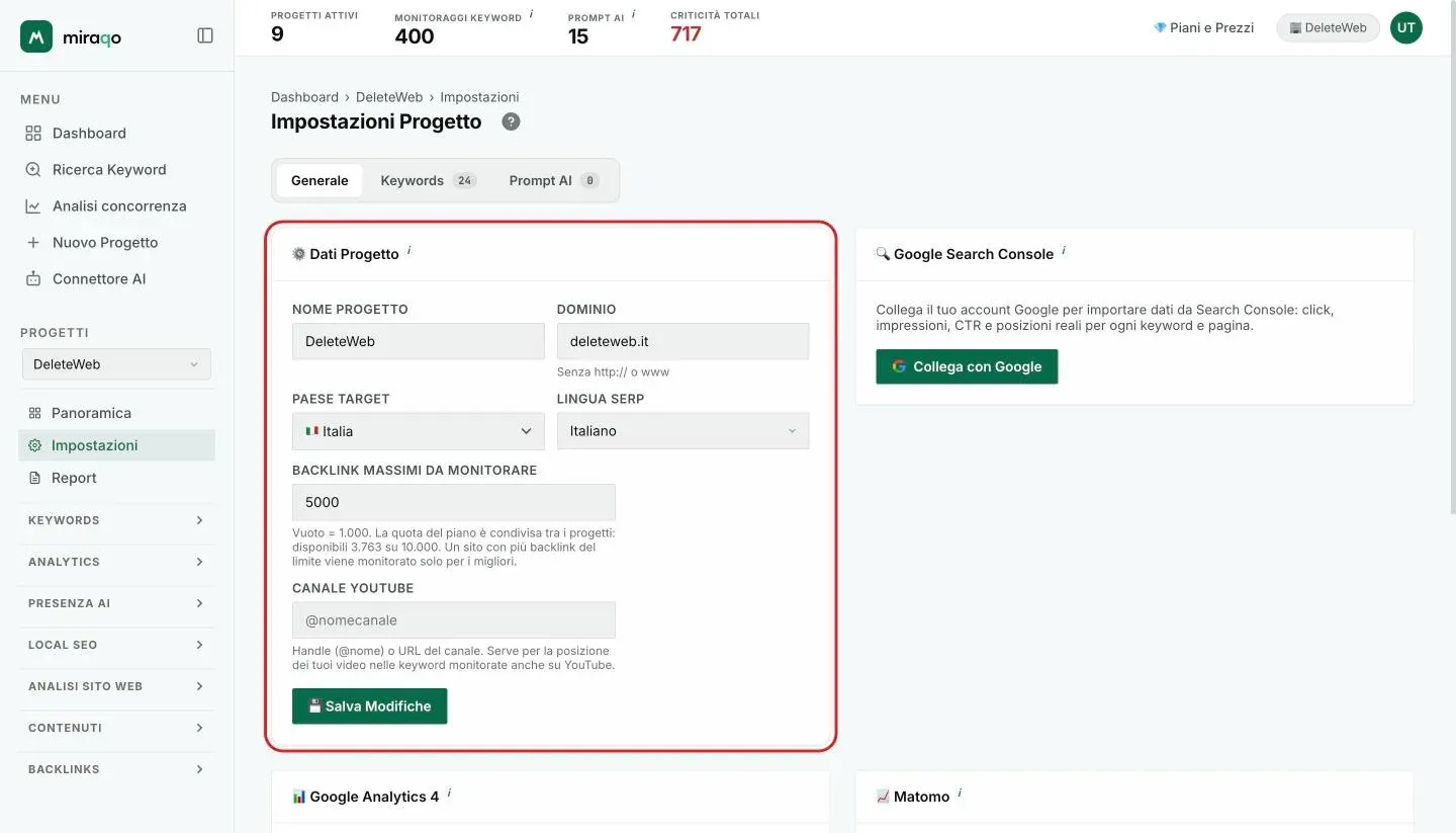 Il tab Generale con la card Dati Progetto evidenziata: Nome progetto, Dominio, Paese target, Lingua SERP, Backlink massimi da monitorare con la quota residua, Canale YouTube e il pulsante Salva Modifiche; a destra la card Google Search Console con Collega con Google