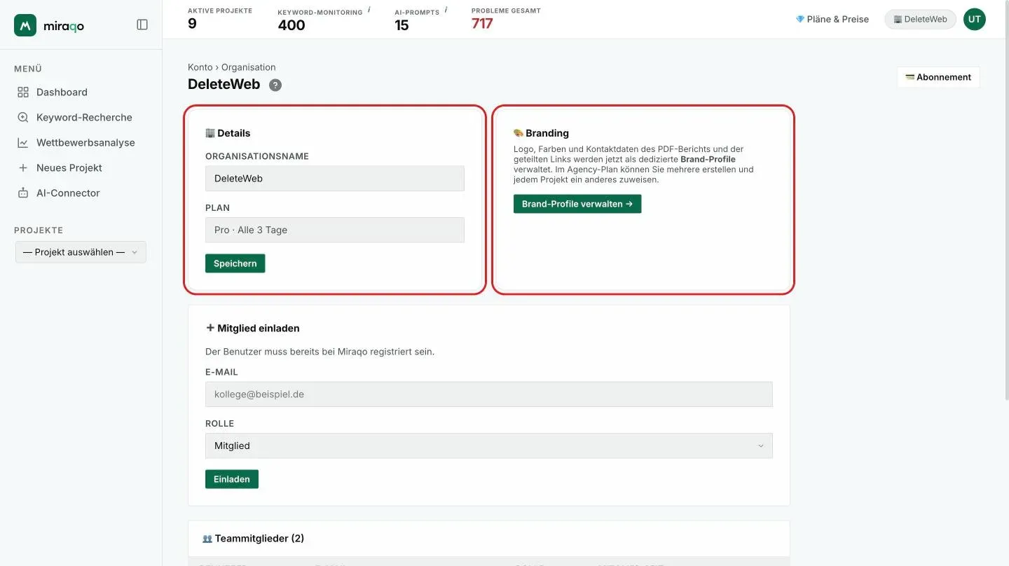 Die Seite Organisation: die Karte Details mit dem Namen der Organisation, Plan und Speichern, die Karte Branding mit Brand-Profil verwalten und, darunter, das Formular Mitglied einladen