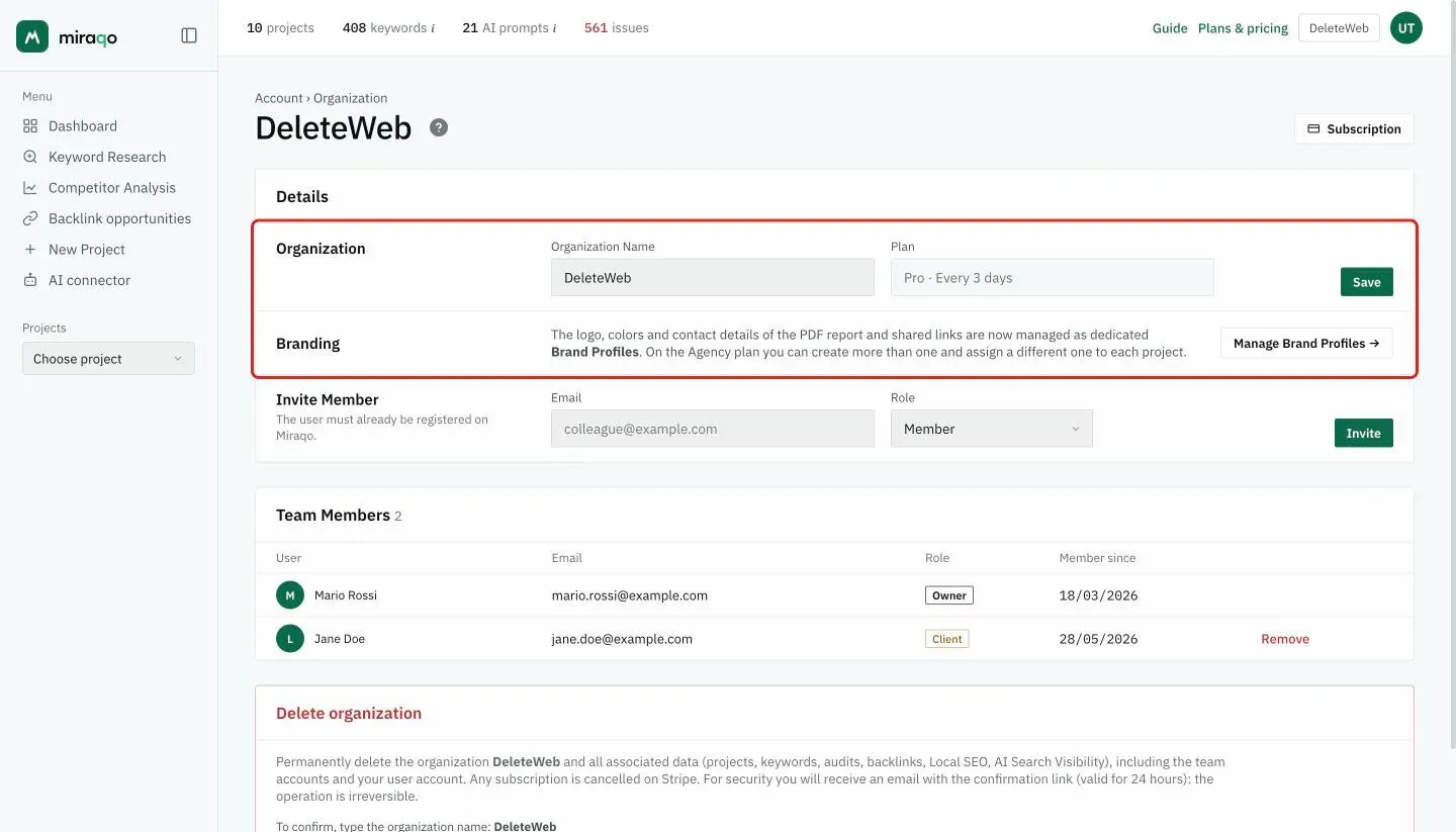 The Organisation page: highlighted, the Details card with the organisation name, plan and Save, the Branding row with Manage Brand Profiles and the Invite Member row; at the top right the Subscription button